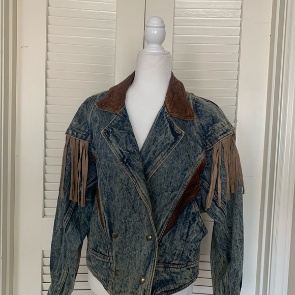 Vintage Havoc Fringe Denim Jacket Leather Trim - Picture 3 of 5